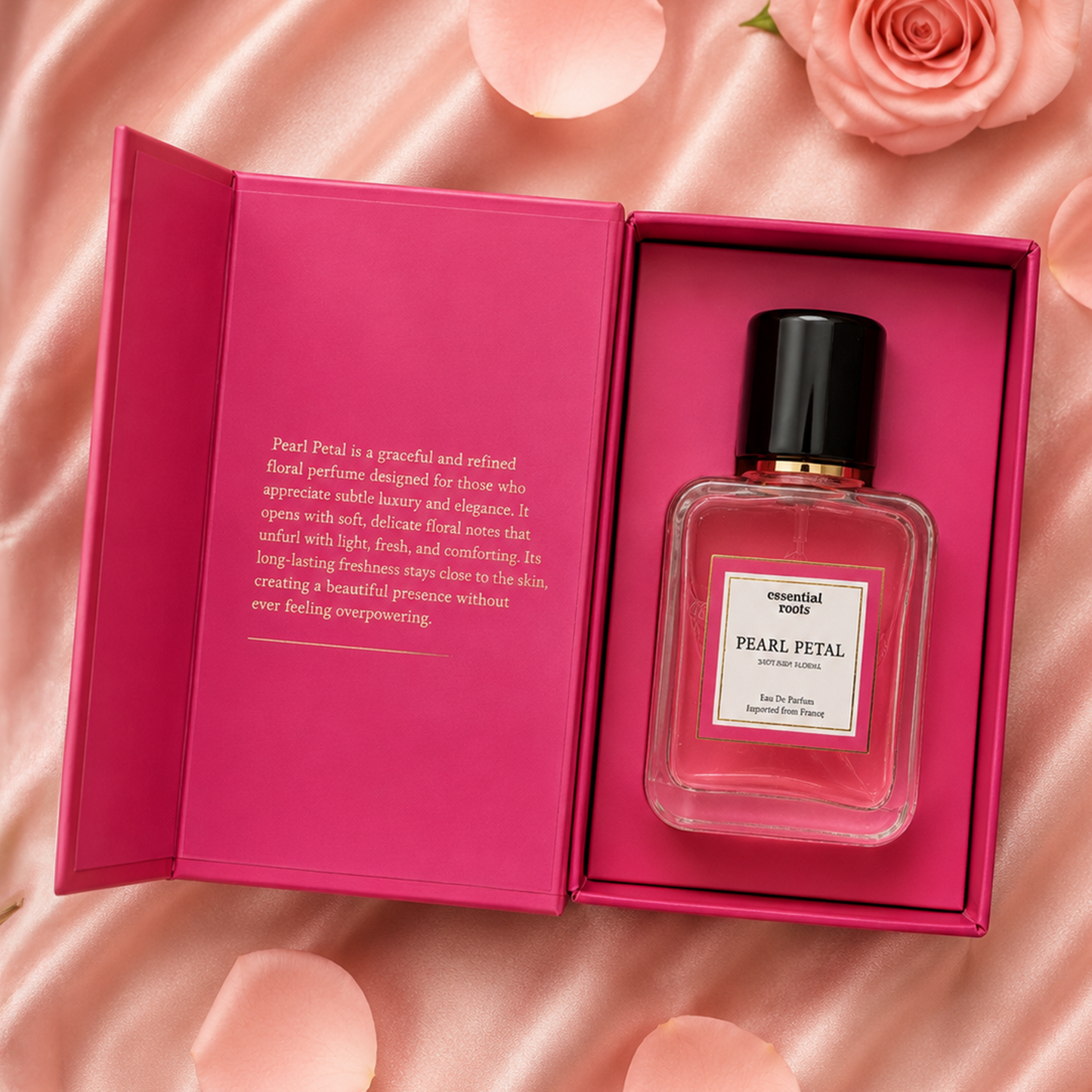 Pearl Petal Eau de Parfum – Soft Floral Rose & Lily Perfume for Women | Long Lasting | 20% Concentration | Essential Roots